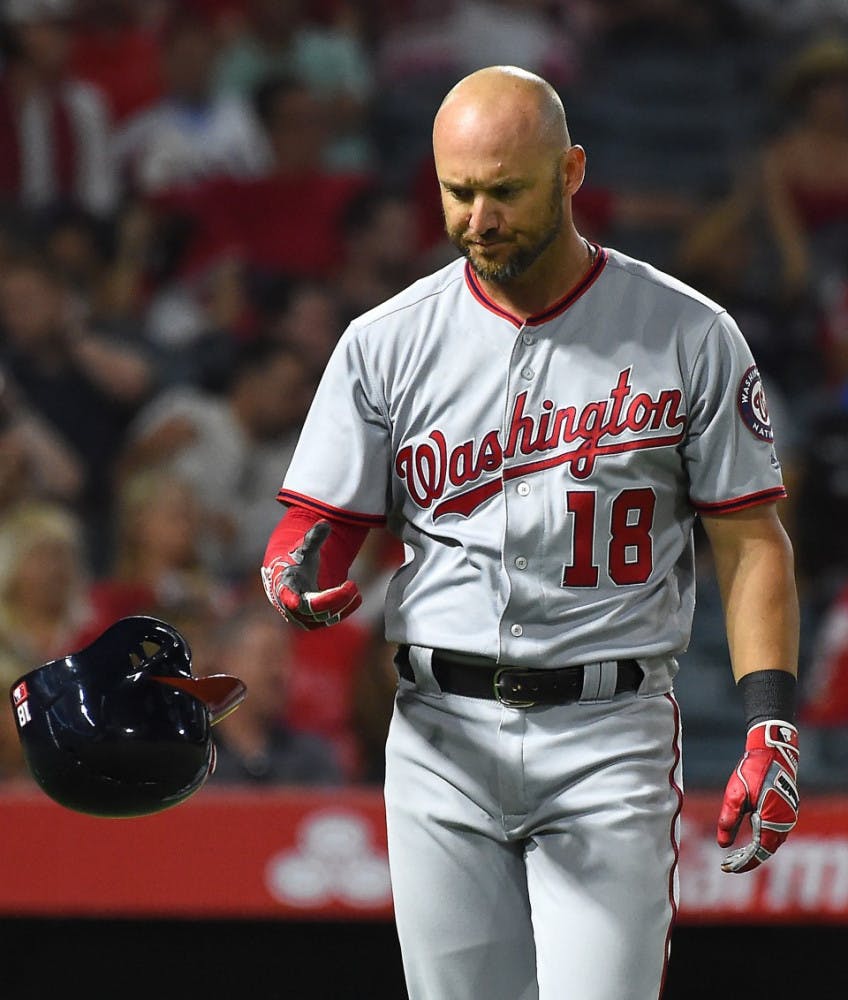 Ryan Raburn tosses his helmet during the sixth inning of Washington’s 7-0 loss against the Los Angeles Angels on July 19, 2017, at Angel Stadium.