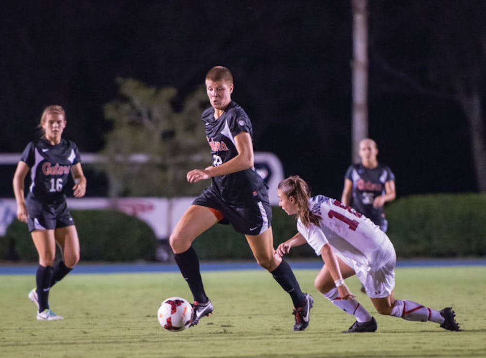 <p>Pamela Begic dribbles the ball during Florida’s 2-1 loss against South Carolina on Friday at James G. Pressly Stadium. Begic left Sunday’s game due to an unspecified injury.</p>