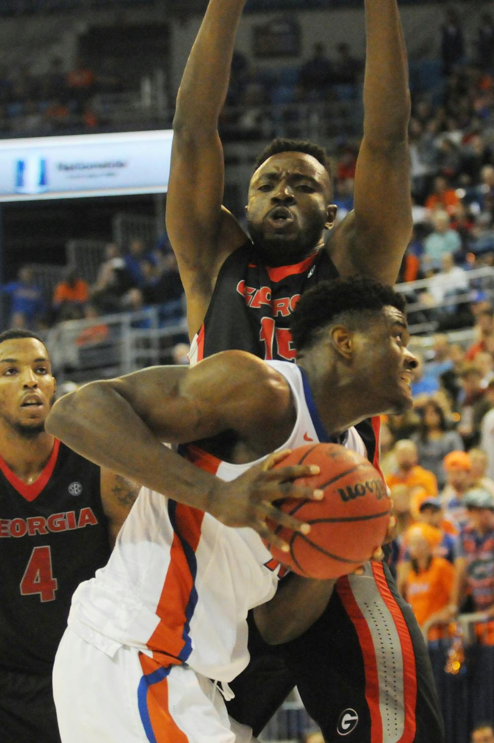 UF center John Egbunu grabs a rebound during Florida's 77-63 win against Georgia on Jan. 2, 2016, in the O'Connel Center.