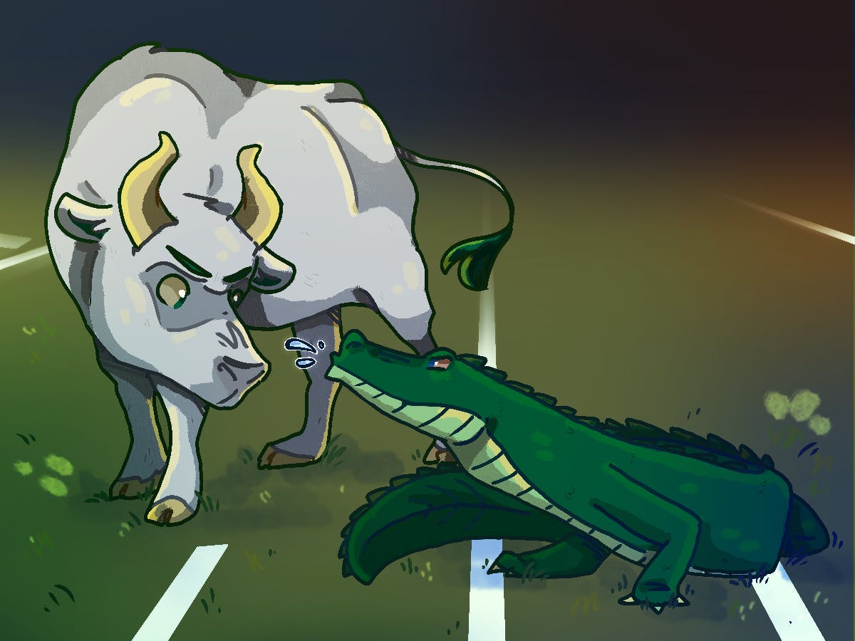 A gator spits on a bull, representing the incident that took place during the UF-USF game on Sept. 6. 