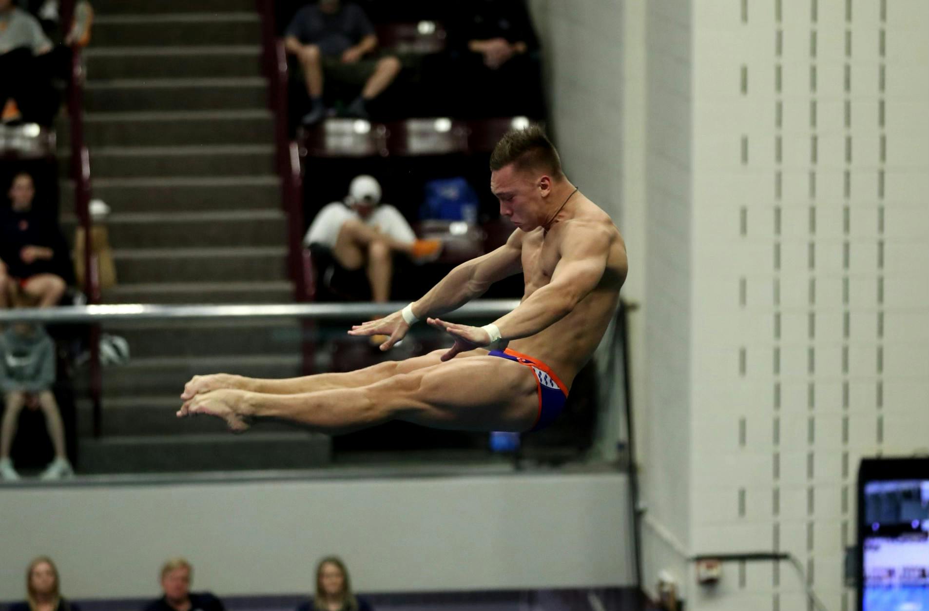 Senior Anton Sviskrkyi dives during the SEC Championship on Saturday, Feb. 18, 2023. 