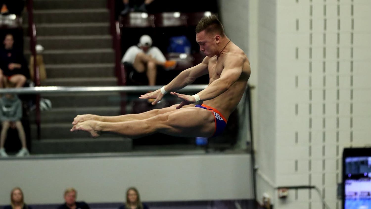 Senior Anton Sviskrkyi dives during the SEC Championship on Saturday, Feb. 18, 2023. 