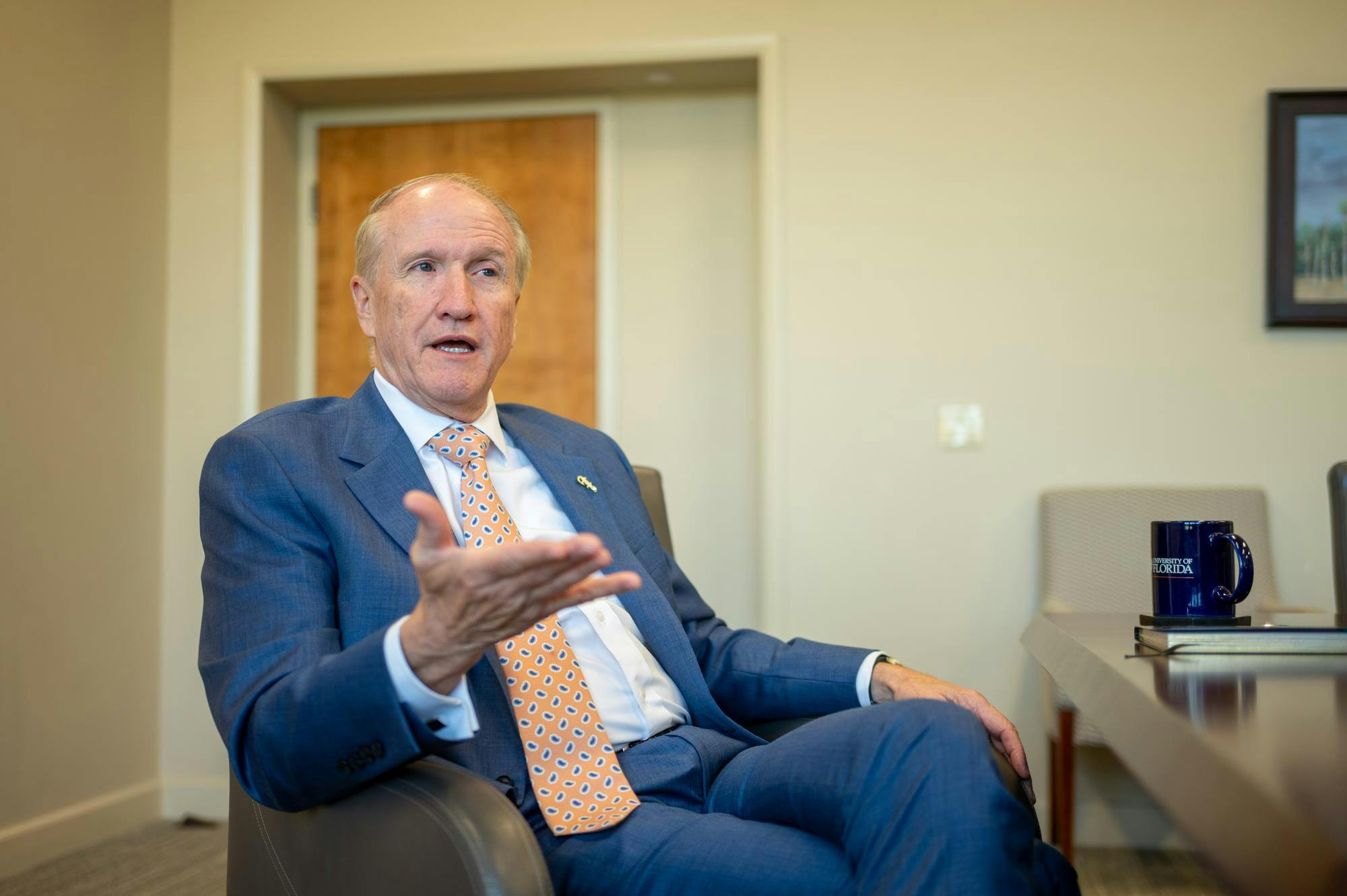 UF President Dr. Stuart Bell speaks during an interview in the Presidential Conference Room at Tigert Hall, Thursday, Aug. 14, 2026, in Gainesville, Fla.