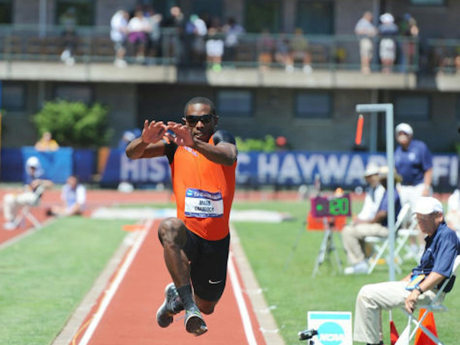 Omar Craddock competes in the triple jump on the final day of the 2013 NCAA Outdoor Track and Field Championships in Eugene, Oregon.