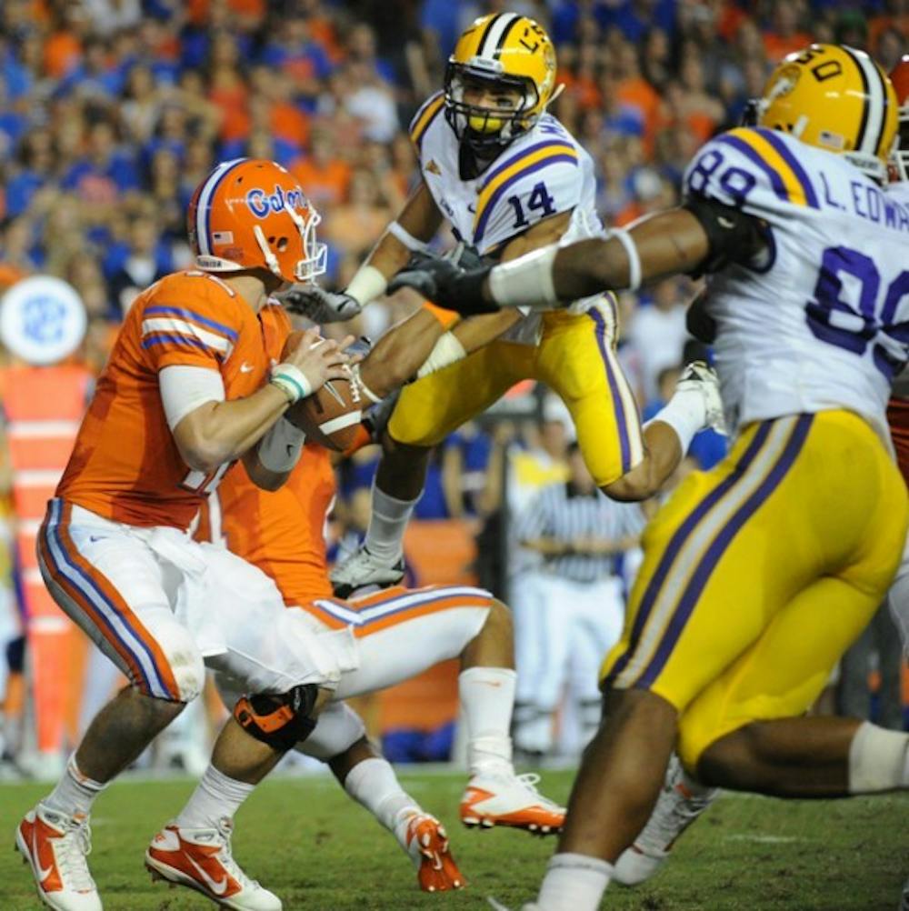 <p>LSU cornerback Tyrann Mathieu (14) has forced four fumbles this season — the same number as Florida’s entire defense. Mathieu returned two of those fumbles for touchdowns.</p>