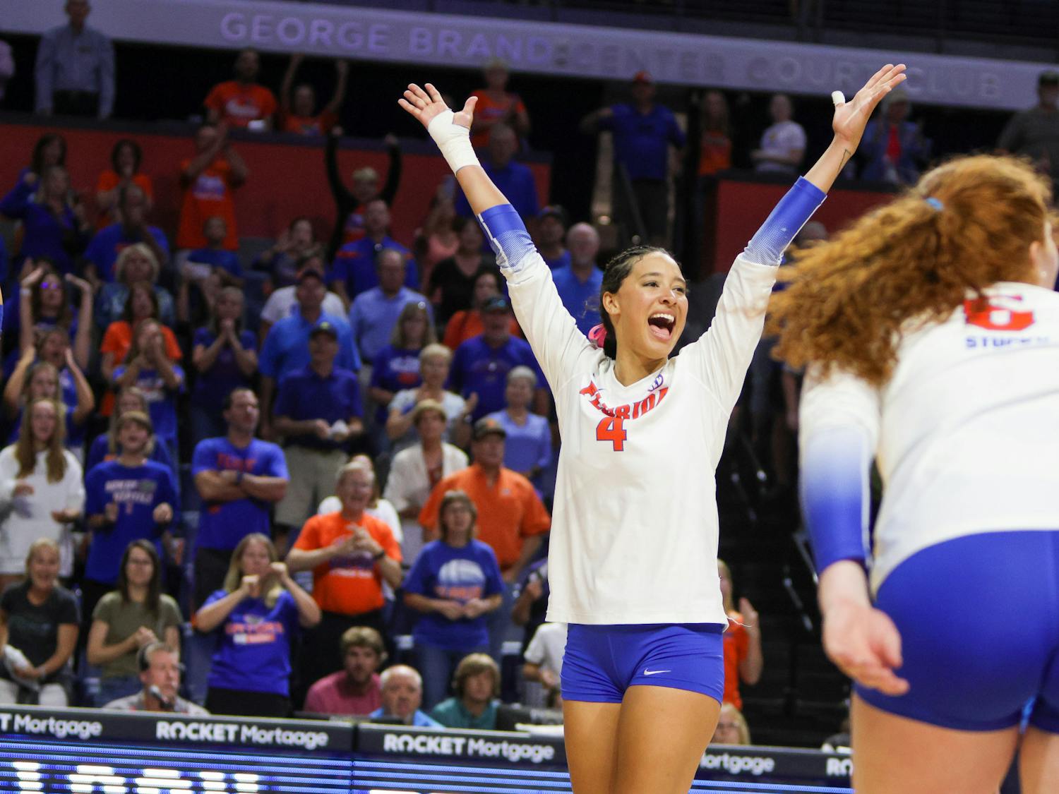 Outside hitter Sofia Victoria celebrates a point against the Louisiana State Tigers Sunday Oct. 9, 2022. Victoria led the Gators with 13 kills against Kentucky Saturday.