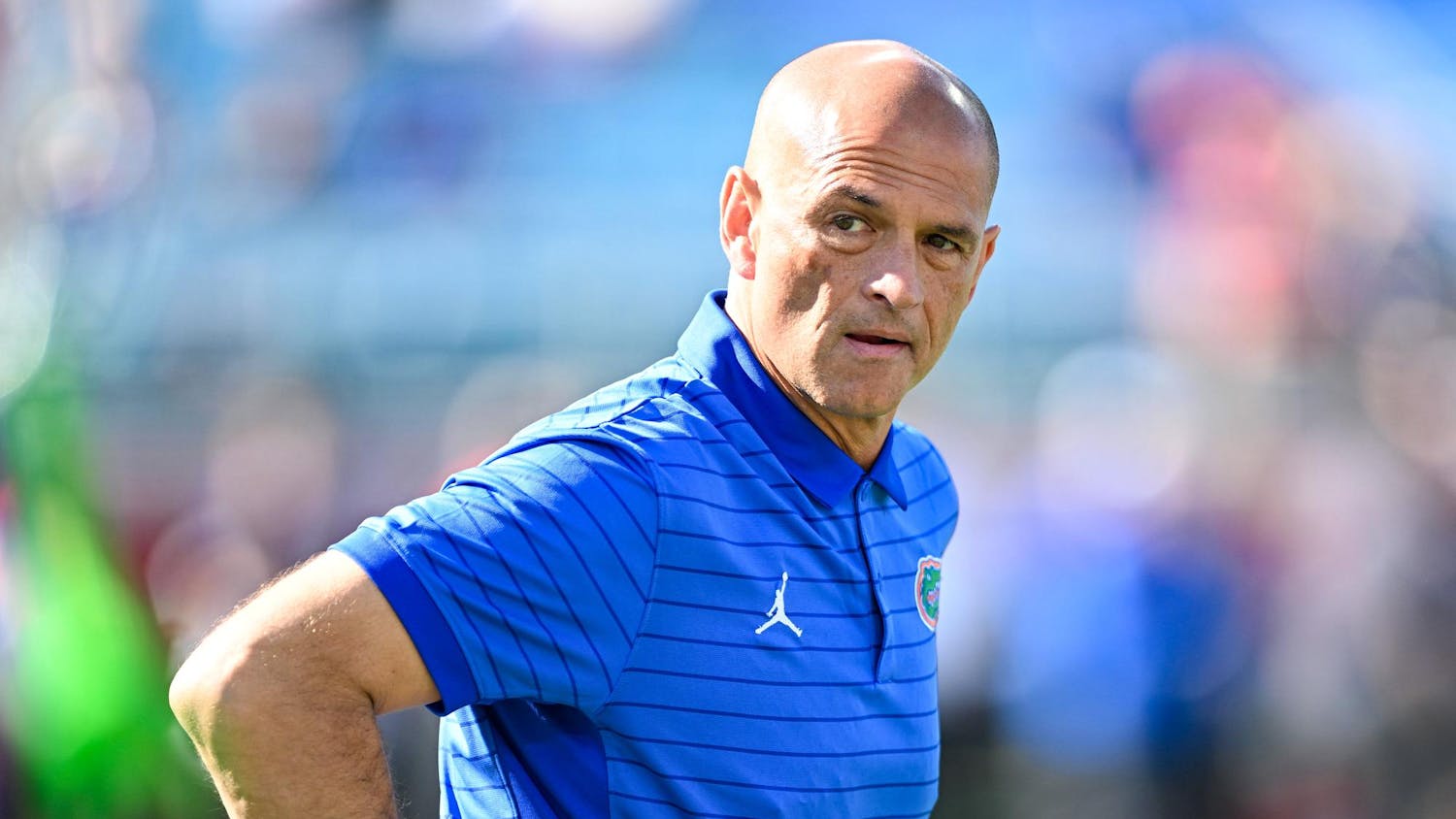 Florida head coach Billy Gonzales during warmups before a NCAA college football game, Saturday, Nov. 1, 2025, in Jacksonville, Fla.