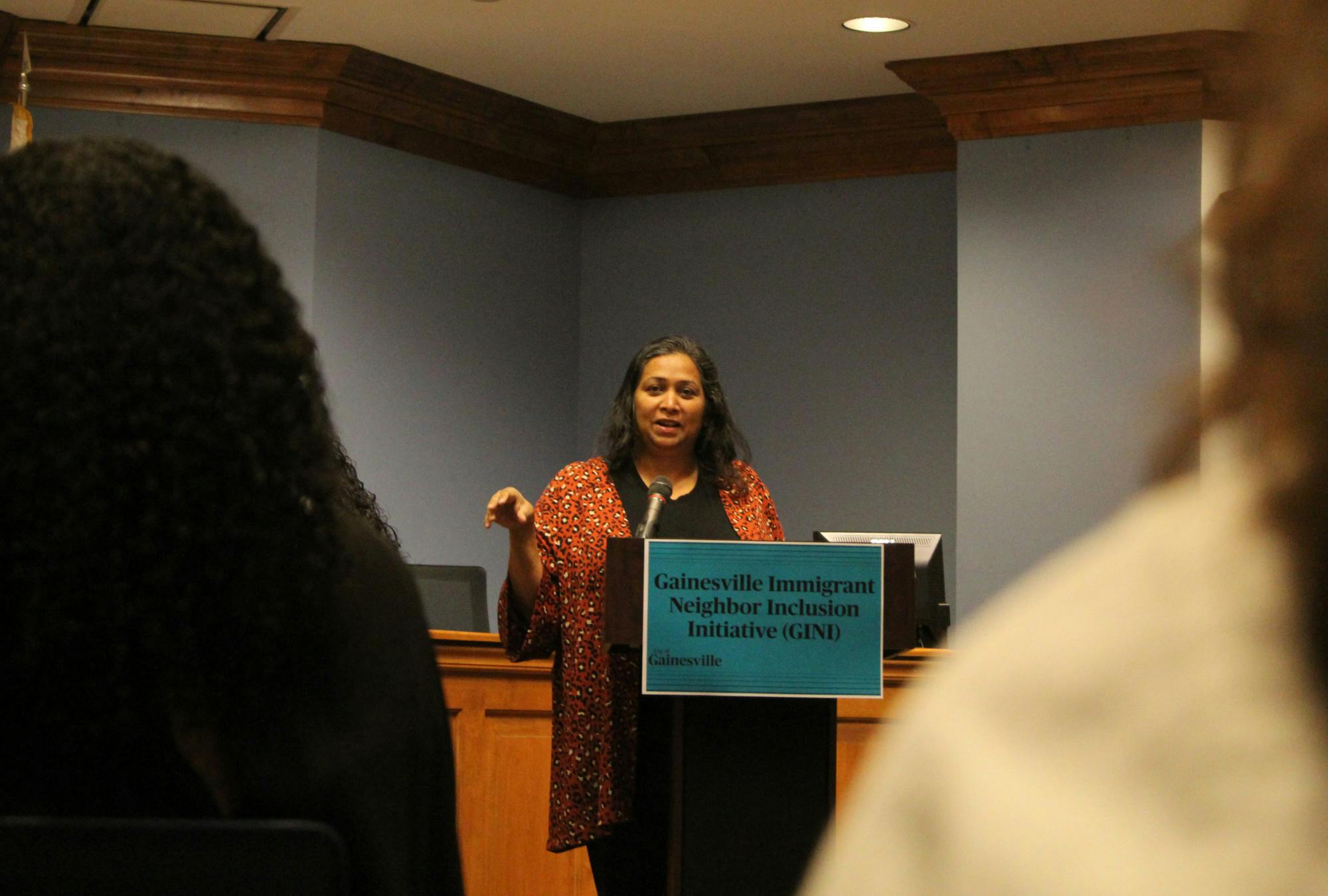 Jyoti Parmar delivers a speech in honor of National Immigrants Day at Gainesville City Hall on Oct. 27, 2021.