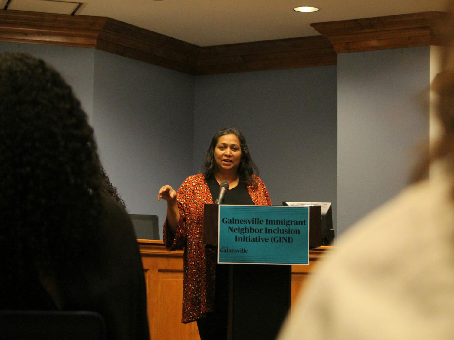 Jyoti Parmar delivers a speech in honor of National Immigrants Day at Gainesville City Hall on Oct. 27, 2021.
