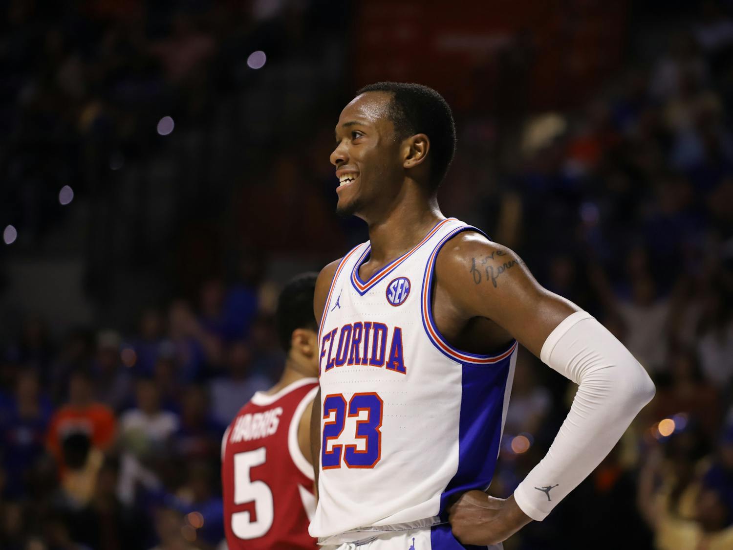 Scottie Lewis was declared ineligible for health and safety reasons. A timetable for his return is still unclear. Photo from UF-Arkansas game in February 2020.