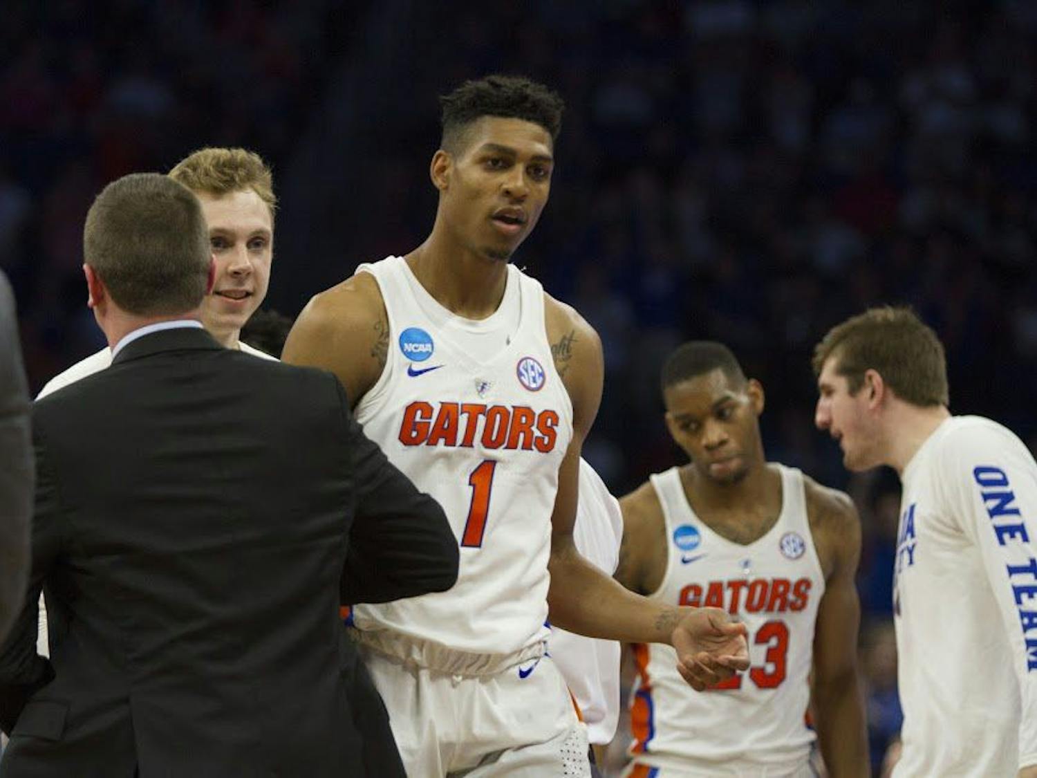 UF forward Devin Robinson walks off the court during Florida's 65-39 win against Virginia in the NCAA Tournament on Saturday in Orlando.