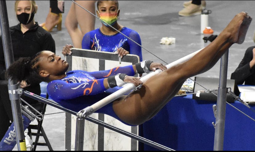 Trinity Thomas performs on the bars Jan. 29 vs Missouri. The junior standout returned from a six-week absence to lead Florida into the national championship