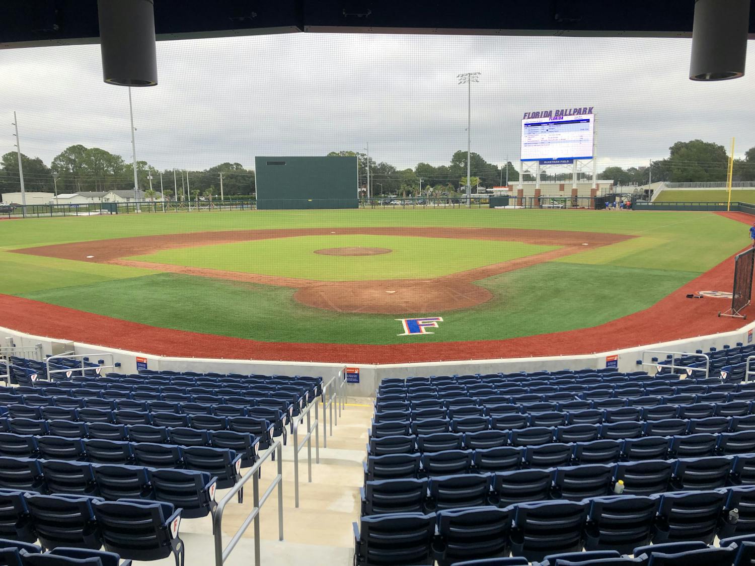 Clouds gather over Alfred A. McKethan Field at Florida Ballpark on Nov. 13, 2020 before one of the Gators’ fall scrimmages.