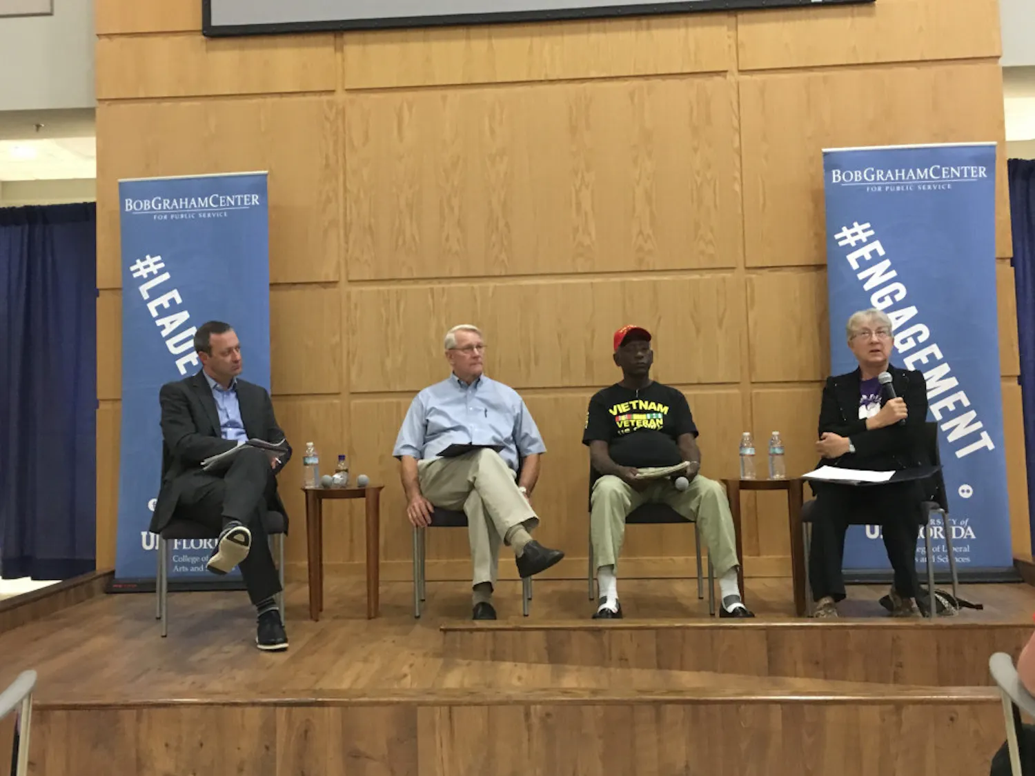 Three Vietnam War veterans spoke at 6 p.m. Tuesday at Pugh Hall Ocora for a panel discussion called “Revisiting the Vietnam War.” The moderator Matthew Jacobs, a UF history associate professor, spoke to panelists John LeMoyne, Cornelius Clayton and Mary Bahr.
