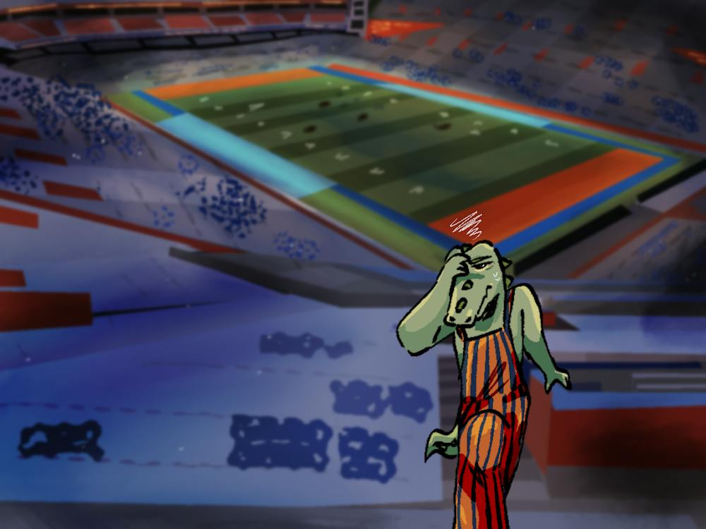 <p>A disgusted Gator fan leaves midway through a football game.</p>