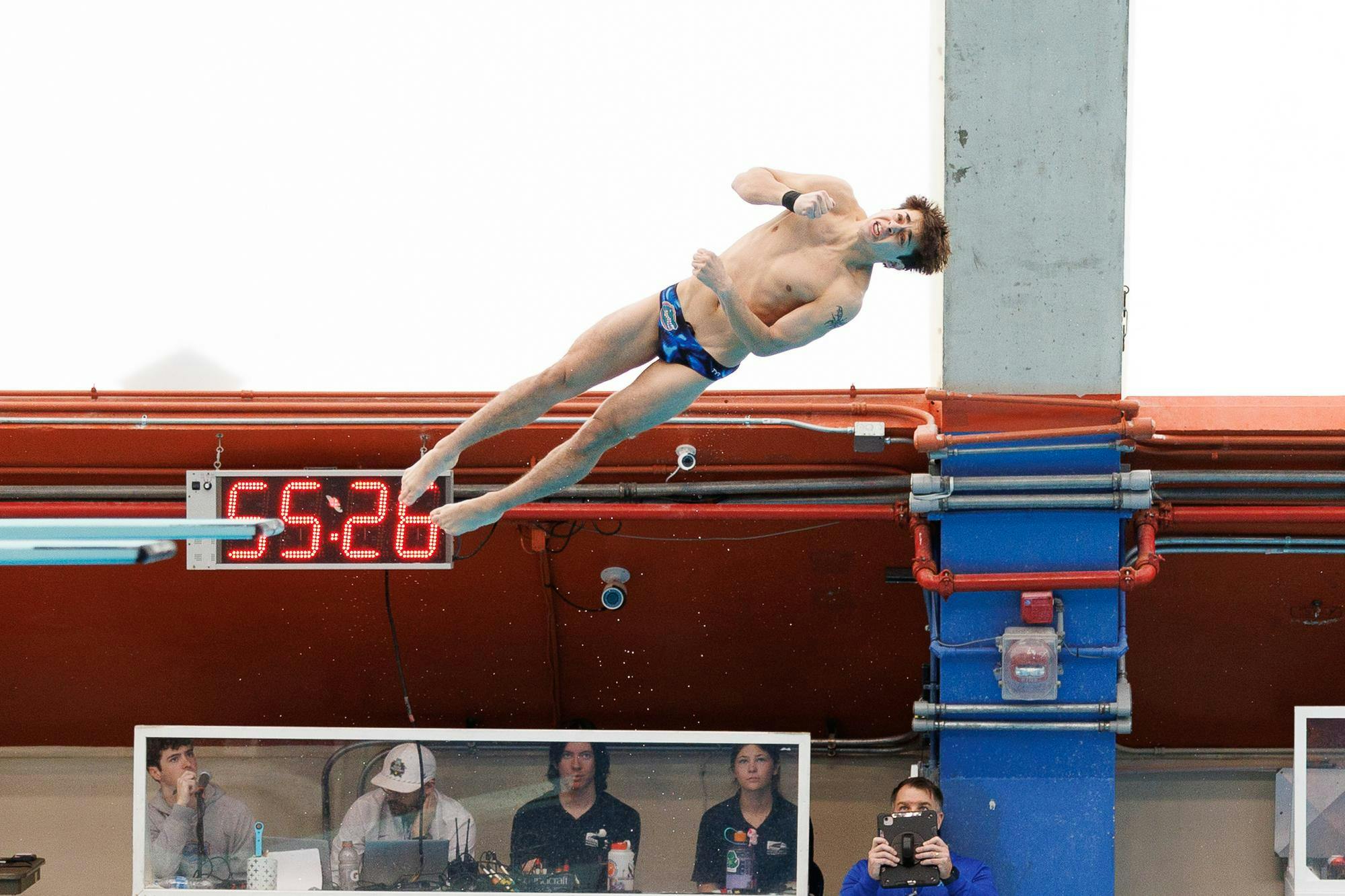 Conor Gesing dives during a meet between the Florida Gators and Florida State Seminoles on Friday, Jan. 30, 2026, in Gainesville, Fla.
