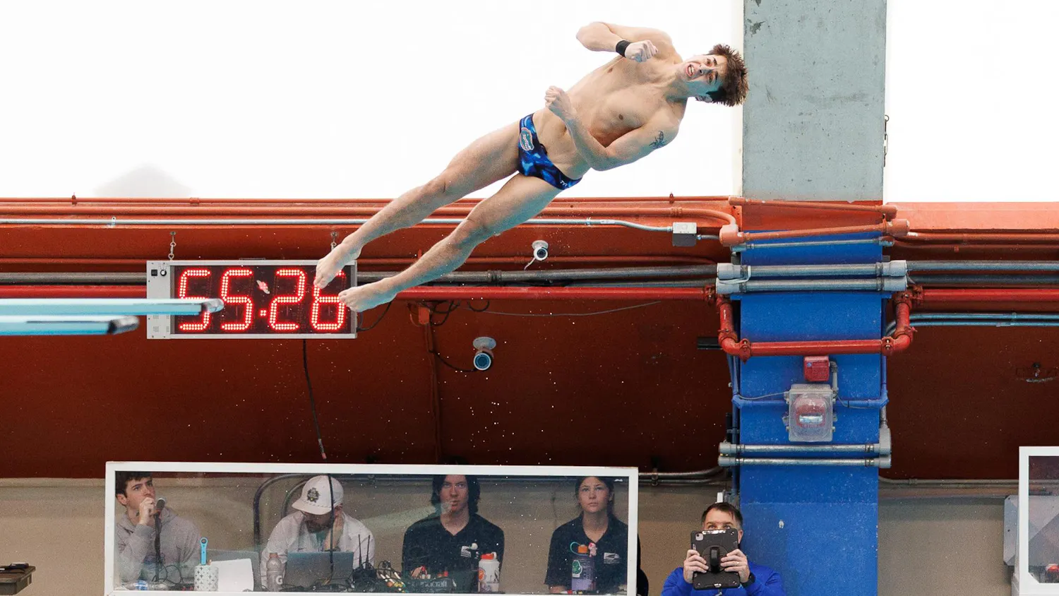 Conor Gesing dives during a meet between the Florida Gators and Florida State Seminoles on Friday, Jan. 30, 2026, in Gainesville, Fla.