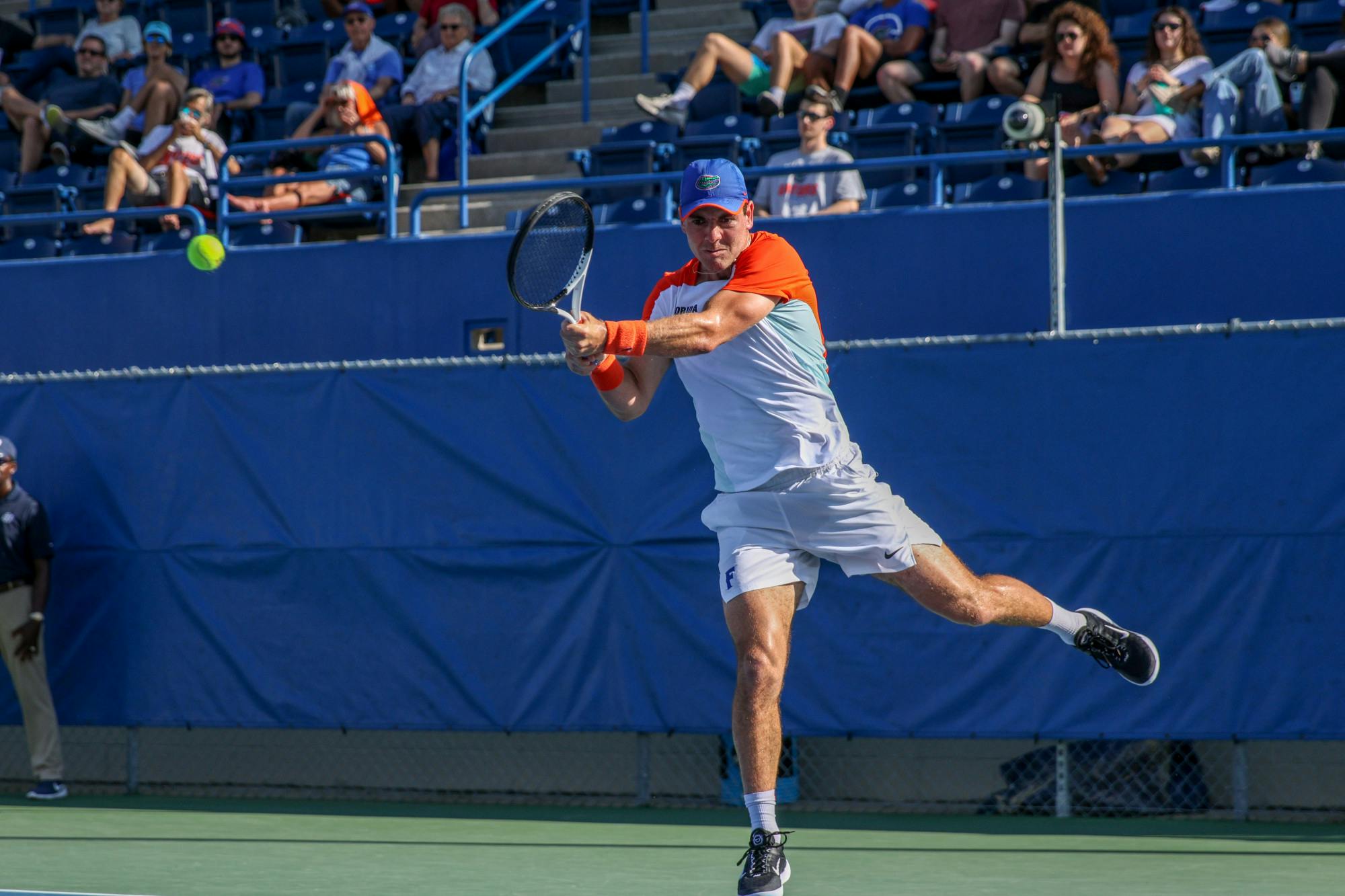 Florida junior Will Grant returns the ball in the Gators' 6-1 victory against the Arkansas Razorbacks Friday, March 24, 2023. 