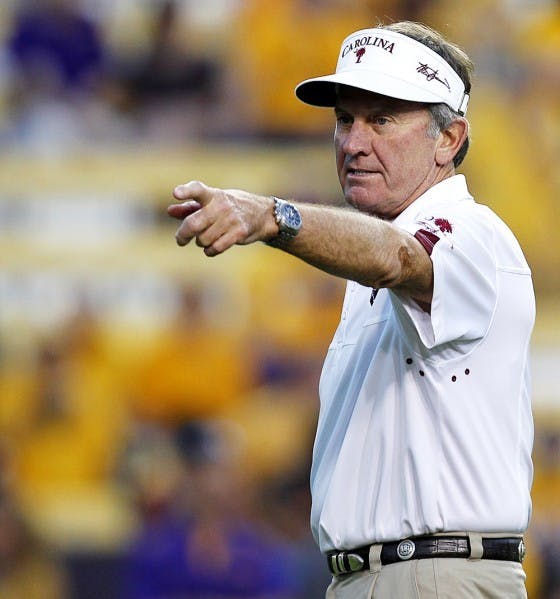 South Carolina coach Steve Spurrier calls out to his team before its NCAA college football game against LSU in Baton Rouge, La., Saturday, Oct. 13, 2012. (AP Photo/Gerald Herbert)