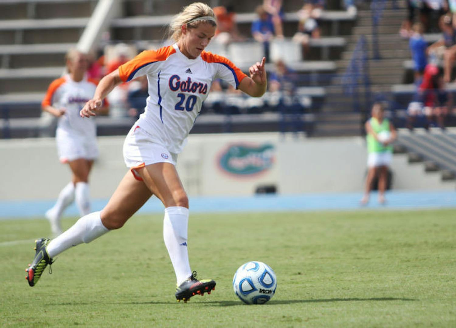 Centerback Christen Westphal dribbles the ball down the field against Arkansas on Sept. 30 at James G. Pressly Stadium. Westphal is one of Florida’s six returning starters from last season.