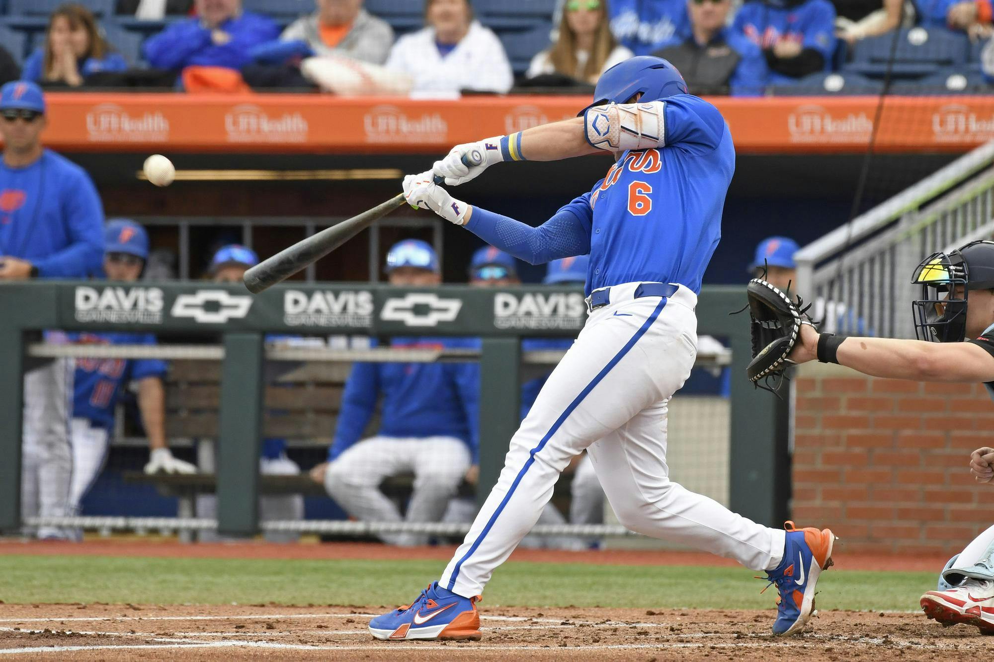Florida infielder/outfielder Bobby Boser (6) makes contact as the Florida Gators face the Dayton Flyers on Saturday, Feb. 22, 2025, at Condron Family Ballpark in Gainesville, Fla. 