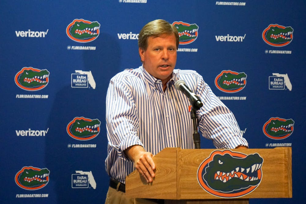 <p dir="ltr"><span>Coach Jim McElwain speaks during a press conference on Aug. 3.</span></p>
