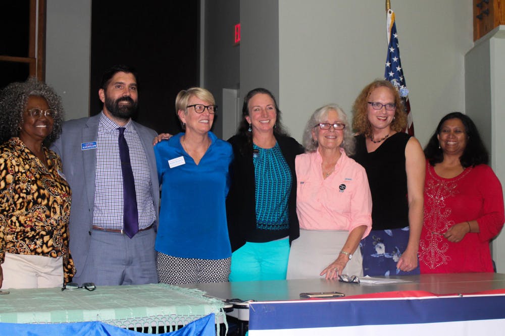Five candidates, who will appear on the Nov. 6 general election ballot, answered feminist-centered questions at a forum Tuesday. The candidates from left to right are: Yvonne Hayes Hinson, Jason Haeseler, Kayser Enneking, Merrillee Malwitz-Jipson and Marihelen Wheeler.