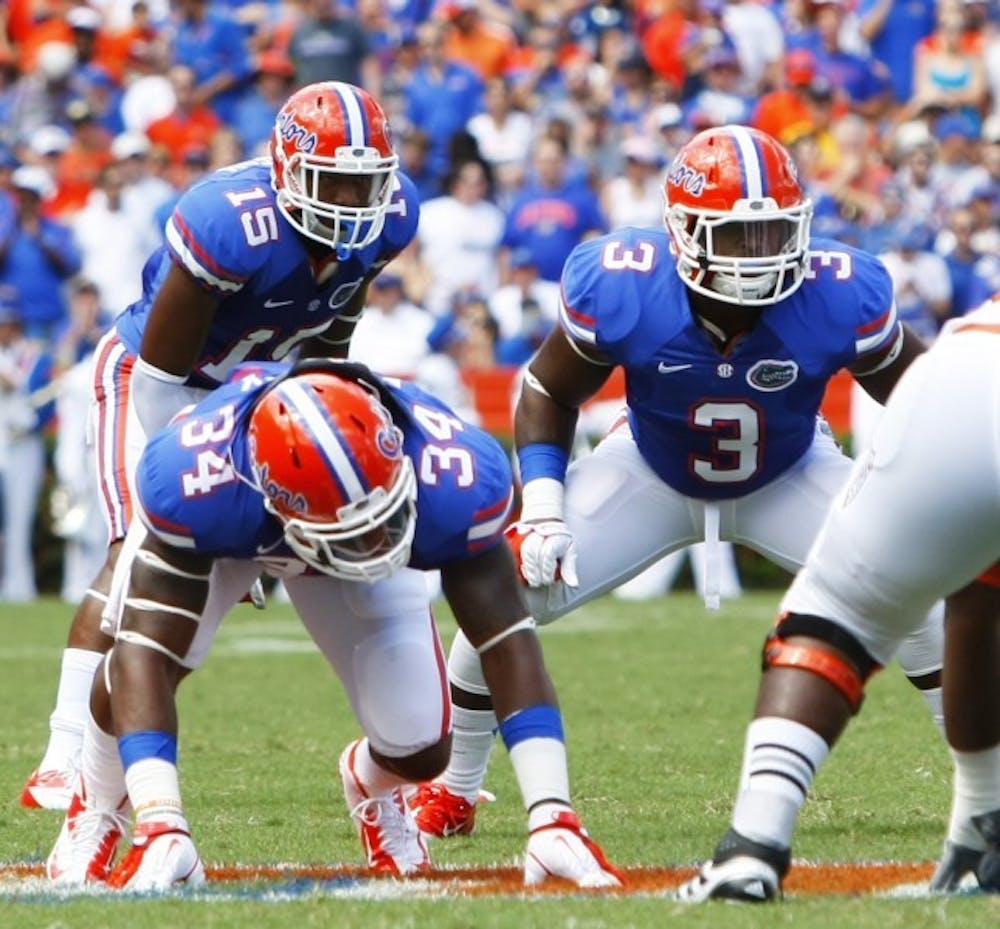 <p>Linebacker Jelani Jenkins (3) waits for a snap against Bowling Green during Florida's 27-14 win on Sept. 1 at Ben Hill Griffin Stadium. Jenkins suffered a fractured thumb in his right thumb the next week against Texas A&amp;M.</p>