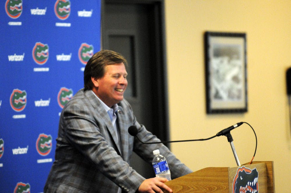 <p>UF coach Jim McElwain discusses his 2016 recruiting class on Feb. 3, 2016, during a press conference at Ben Hill Griffin Stadium.&nbsp;</p>