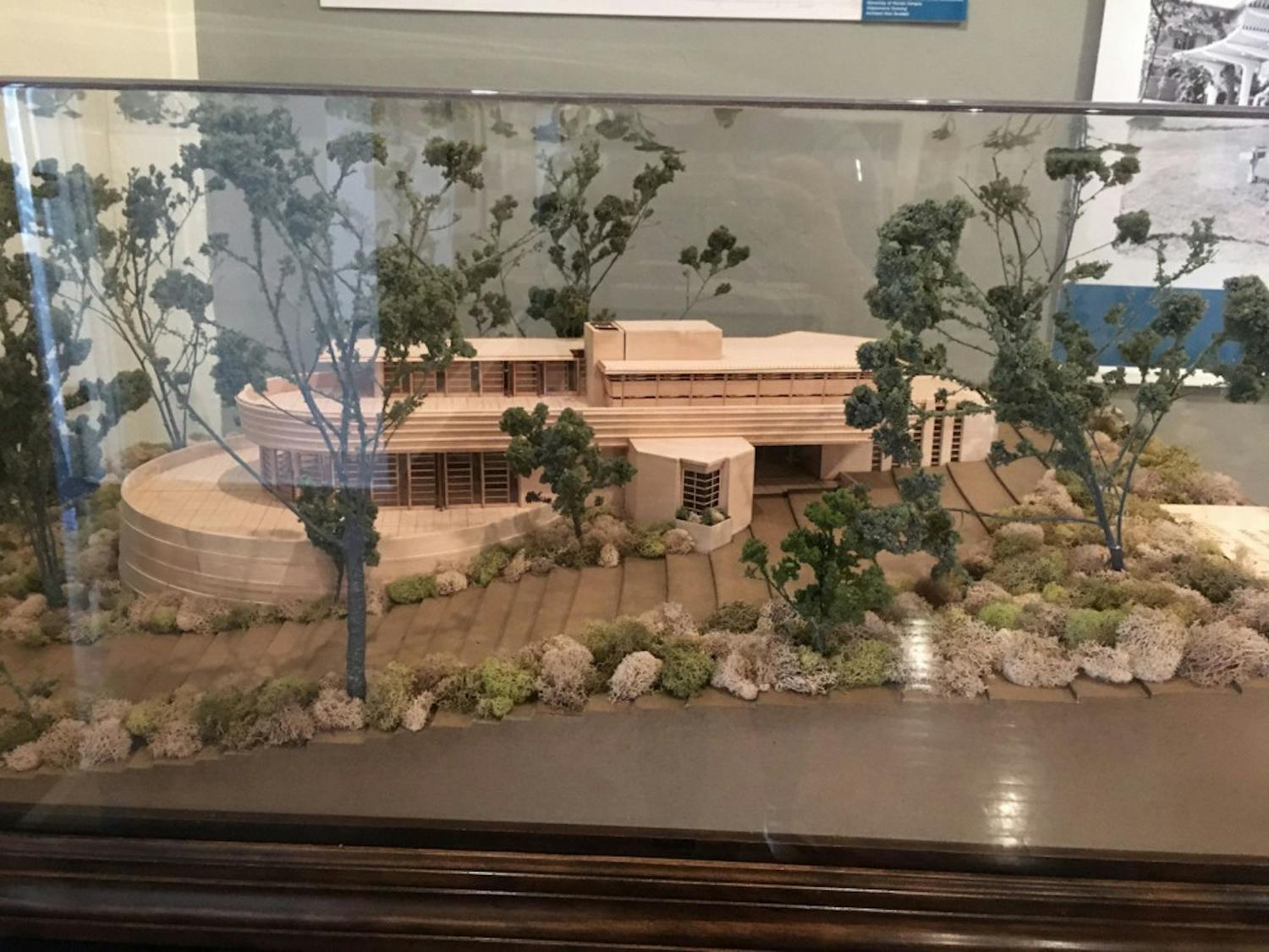 A model of the unbuilt Zeta Beta Tau Fraternity House designed by Frank Lloyd Wright. The design for the house was drawn in 1954 and followed the mid-century style, but due in part to code issues, the house was never built.&nbsp;