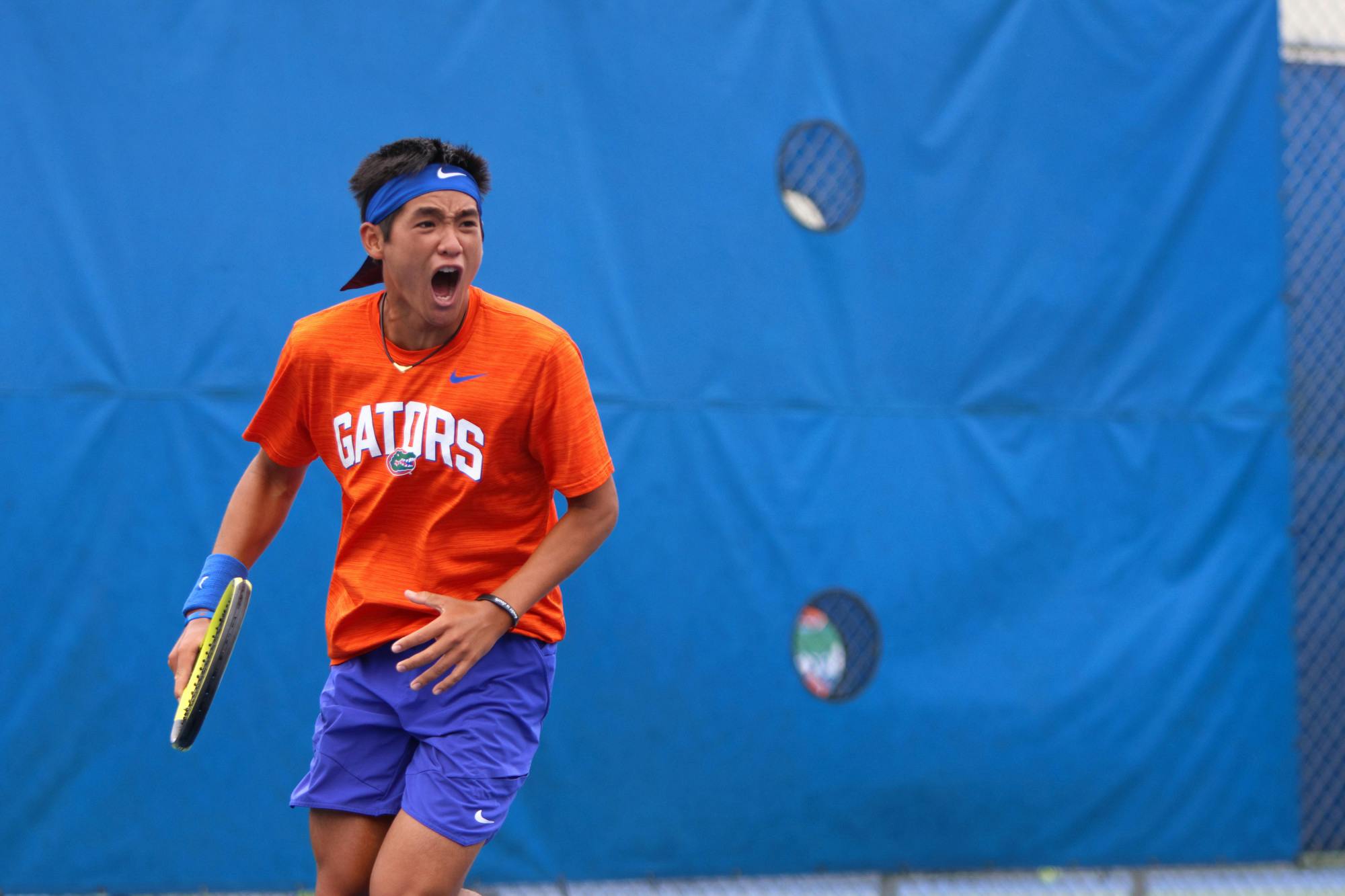 Florida freshman Tanapatt Nirundorn celebrates during the Gators' 4-3 loss to the No. 7 Georgia Bulldogs Sunday, April 9, 2023.