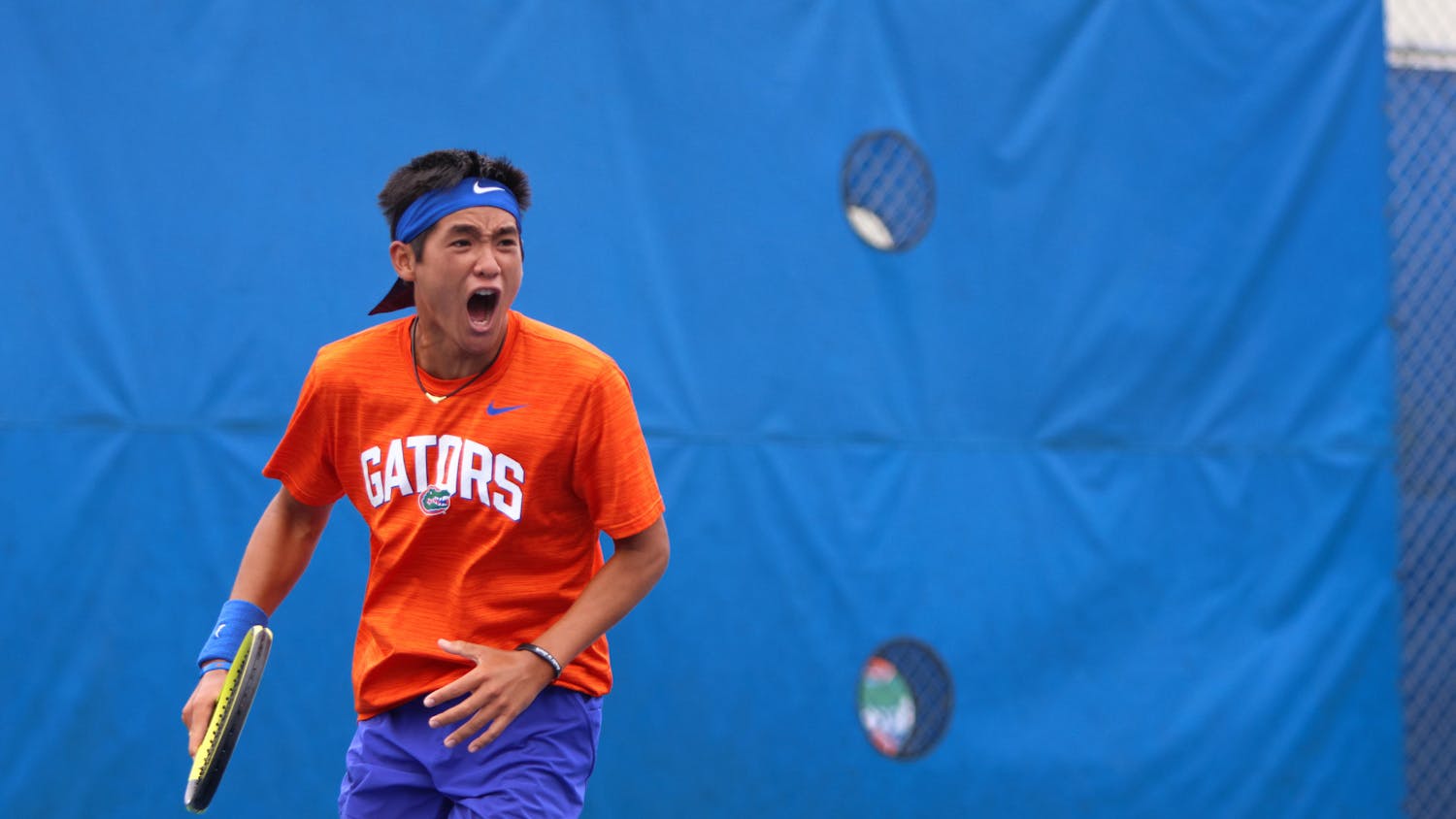 Florida freshman Tanapatt Nirundorn celebrates during the Gators' 4-3 loss to the No. 7 Georgia Bulldogs Sunday, April 9, 2023.