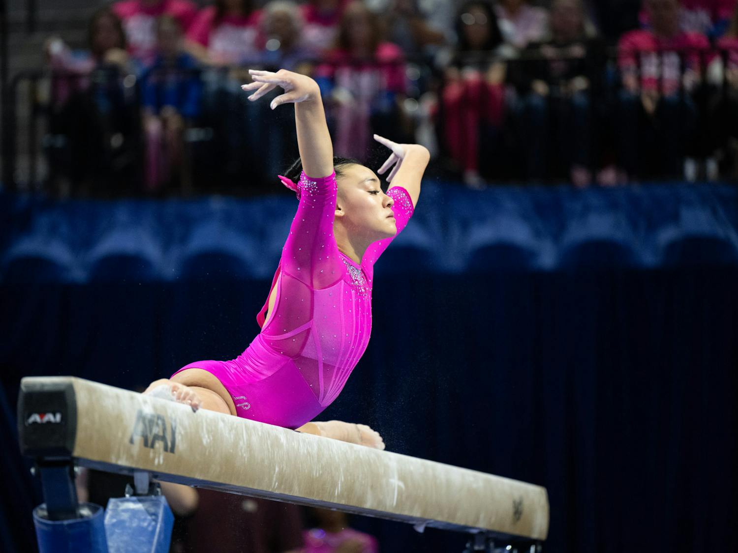 Florida Gators gymnast Leanne Wong preforms on the balance beam in a gymnastics meet against Auburn University in Gainesville, Fla., on Friday, Feb. 14, 2025.