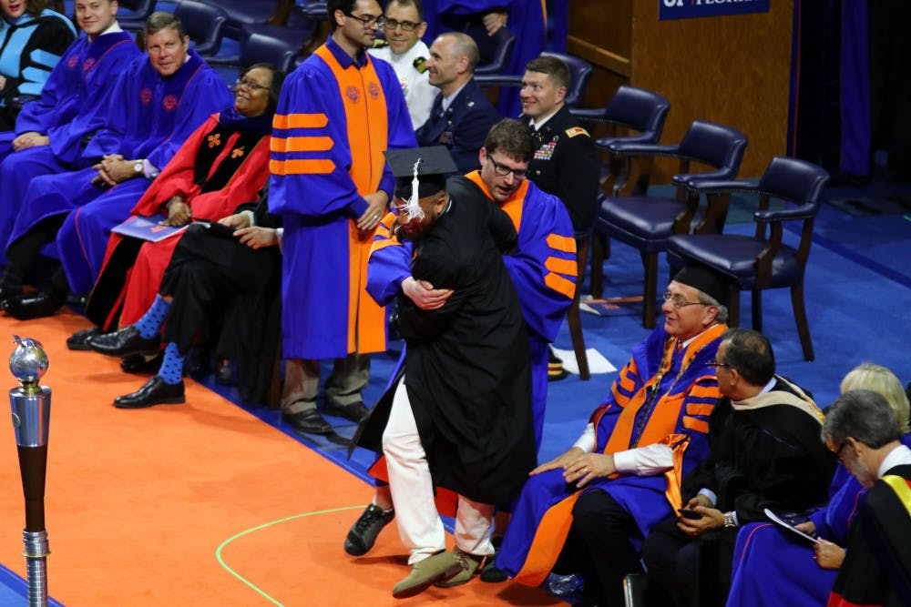 <p>UF sent framed diplomas to the <span id="docs-internal-guid-c0b4ab4d-7fff-dc65-2ac9-bee061acd0ce"><span>24 students who were</span> <span>rushed off stage during the Spring commencement ceremony.</span></span></p>