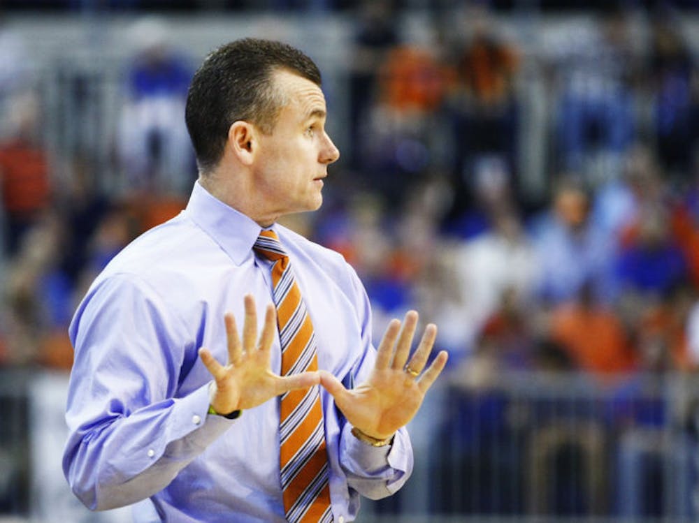 <p>Coach Billy Donovan instructs his players during Florida’s 69-52 win against Kentucky on Feb. 12 in the O’Connell Center.</p>