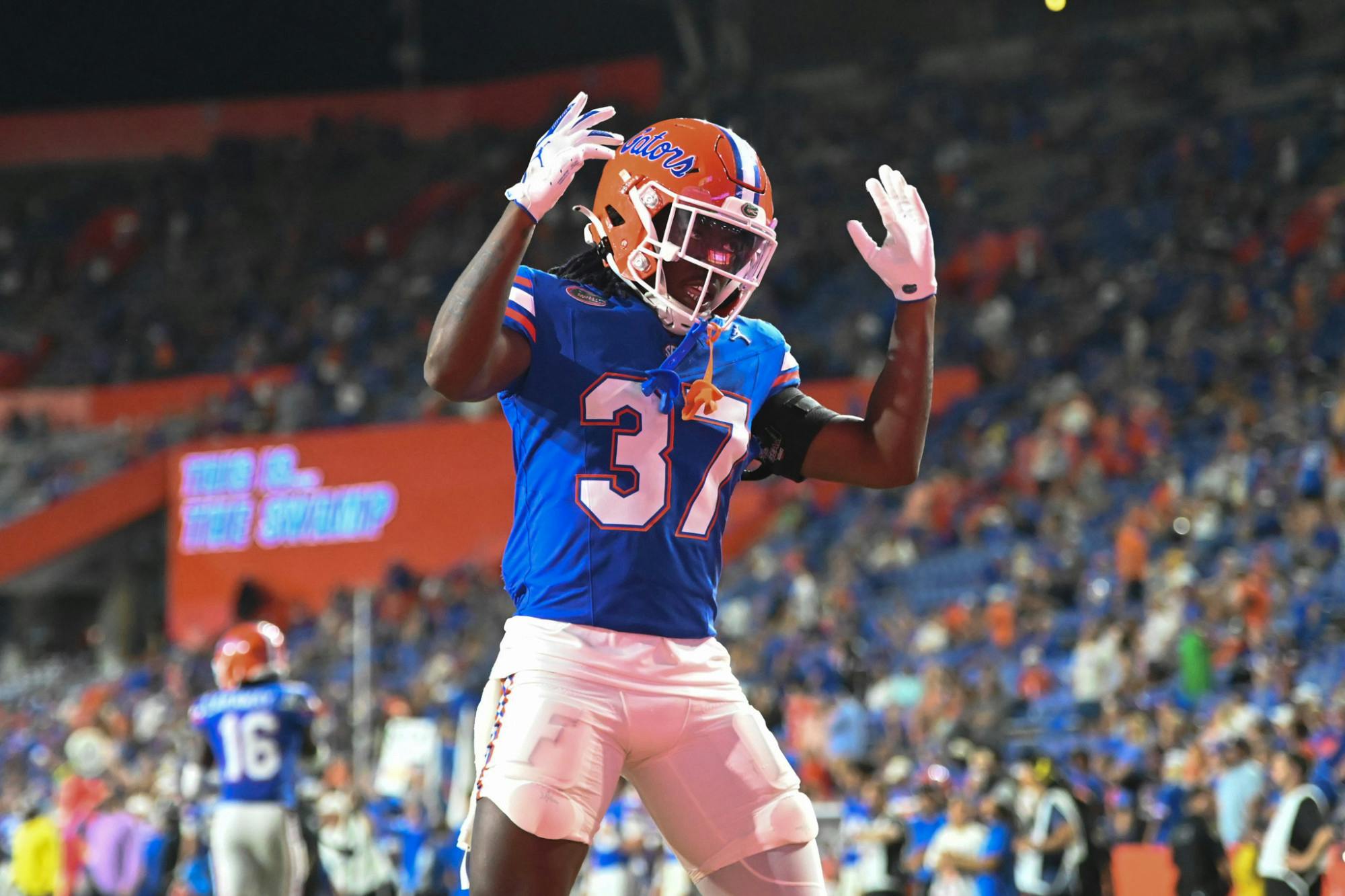 Florida Gators wide receiver Javion Toombs (37) riles up the crowd after a touchdown against the Long Island Sharks. The Florida Gators defeated the Long Island Sharks at Ben Hill Griffin Stadium in Gainesville, Fla, on Saturday, Aug. 30, 2025.