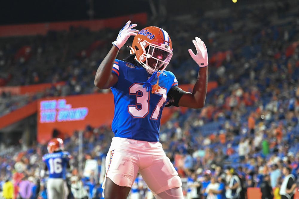 Florida Gators wide receiver Javion Toombs (37) riles up the crowd after a touchdown against the Long Island Sharks. The Florida Gators defeated the Long Island Sharks at Ben Hill Griffin Stadium in Gainesville, Fla, on Saturday, Aug. 30, 2025.