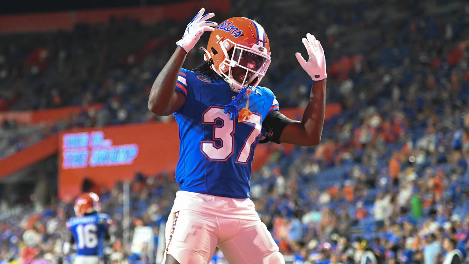 Florida Gators wide receiver Javion Toombs (37) riles up the crowd after a touchdown against the Long Island Sharks. The Florida Gators defeated the Long Island Sharks at Ben Hill Griffin Stadium in Gainesville, Fla, on Saturday, Aug. 30, 2025.