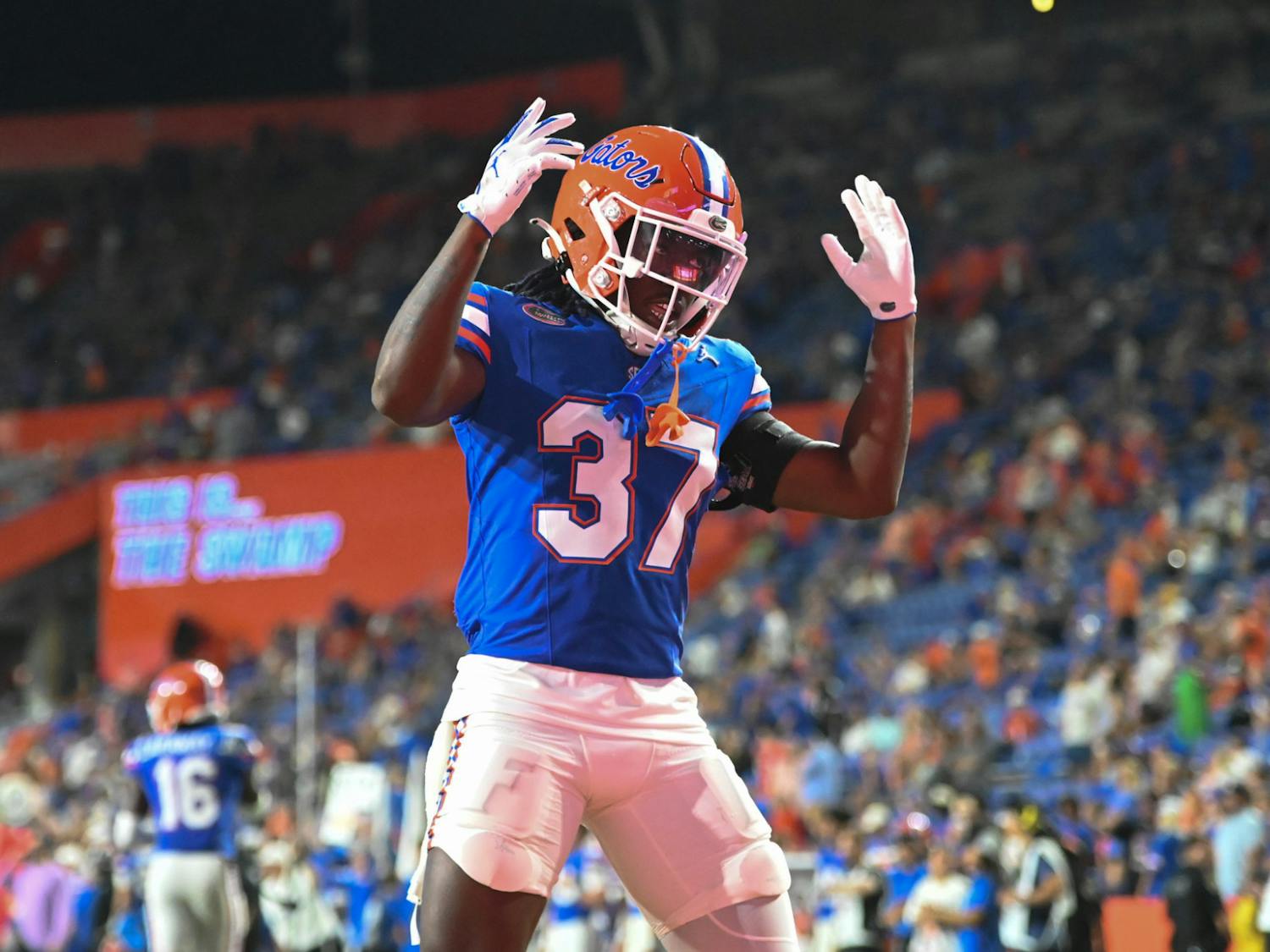 Florida Gators wide receiver Javion Toombs (37) riles up the crowd after a touchdown against the Long Island Sharks. The Florida Gators defeated the Long Island Sharks at Ben Hill Griffin Stadium in Gainesville, Fla, on Saturday, Aug. 30, 2025.