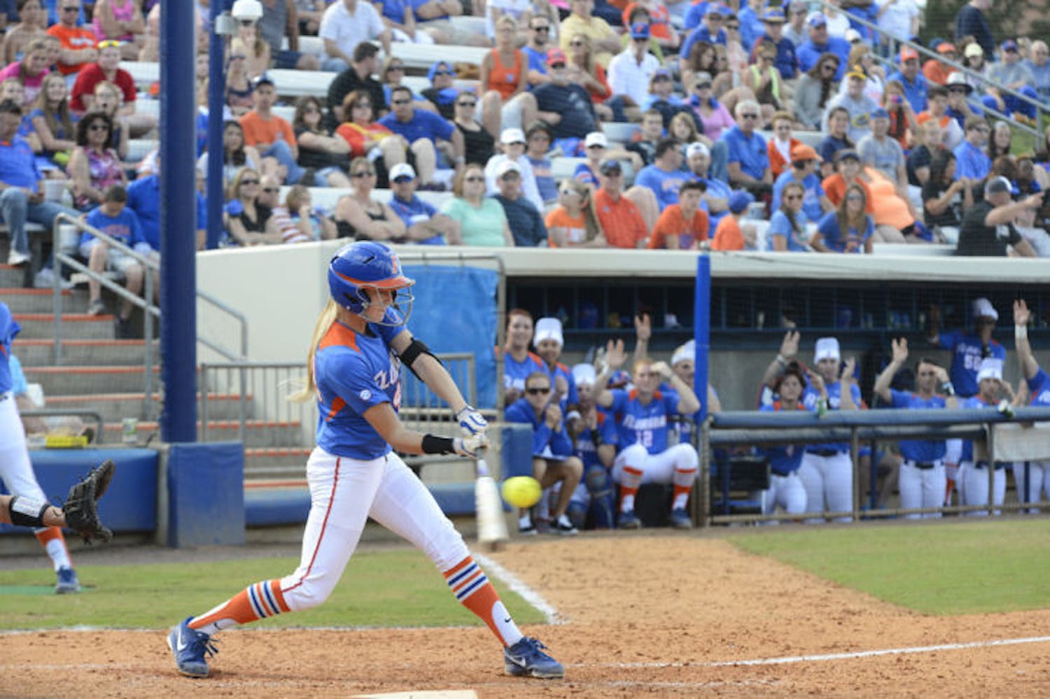 Taylor Schwarz swings at the ball during Florida’s 4-2 victory against Mississippi State on April 6, 2013, at Katie Seashole Pressly Stadium. Schwarz drove in three runs and was hit by two pitches during Florida’s 10-3 win against USF on Thursday in Tampa. Schwarz drew a hit by pitch to start a 7-run rally in the fourth inning.