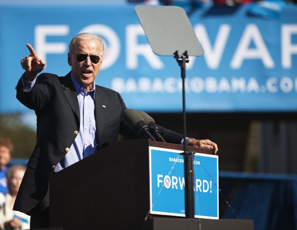 <p>Vice President Joe Biden speaks to a crowd of about 2,500 people regarding the upcoming election at the Discovery Center at Tuscawilla Park, 701 NE Sanchez Ave., in Ocala Wednesday afternoon.</p>