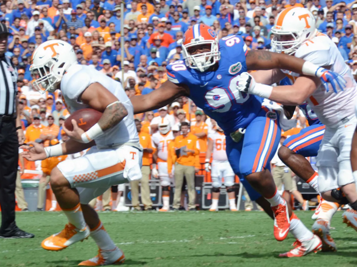 UF defensive lineman Jon Bullard (90) goes for a tackle during Florida's 28-27 win against Tennessee on Sept. 26, 2015, at Ben Hill Griffin Stadium.
