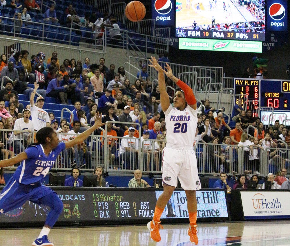 <p>Simone Westbrook attempts a three-point shot during Florida's win against Kentucky on Jan. 31, 2016, in the O'Connell Center.</p>