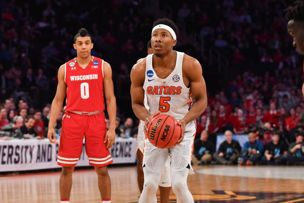 <p>KeVaughn Allen shoots a free throw during Florida's 84-83 win over Wisconsin in the Sweet 16 of the NCAA Tournament on March 24, 2017, at Madison Square Garden.</p>