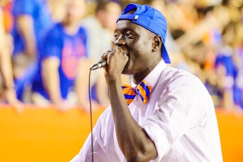 Bunduki "Duke" Ramadan hypes up the crowd during Florida's 42-13 loss to Missouri on Oct. 18, 2014,&nbsp;at Ben Hill Griffin Stadium.