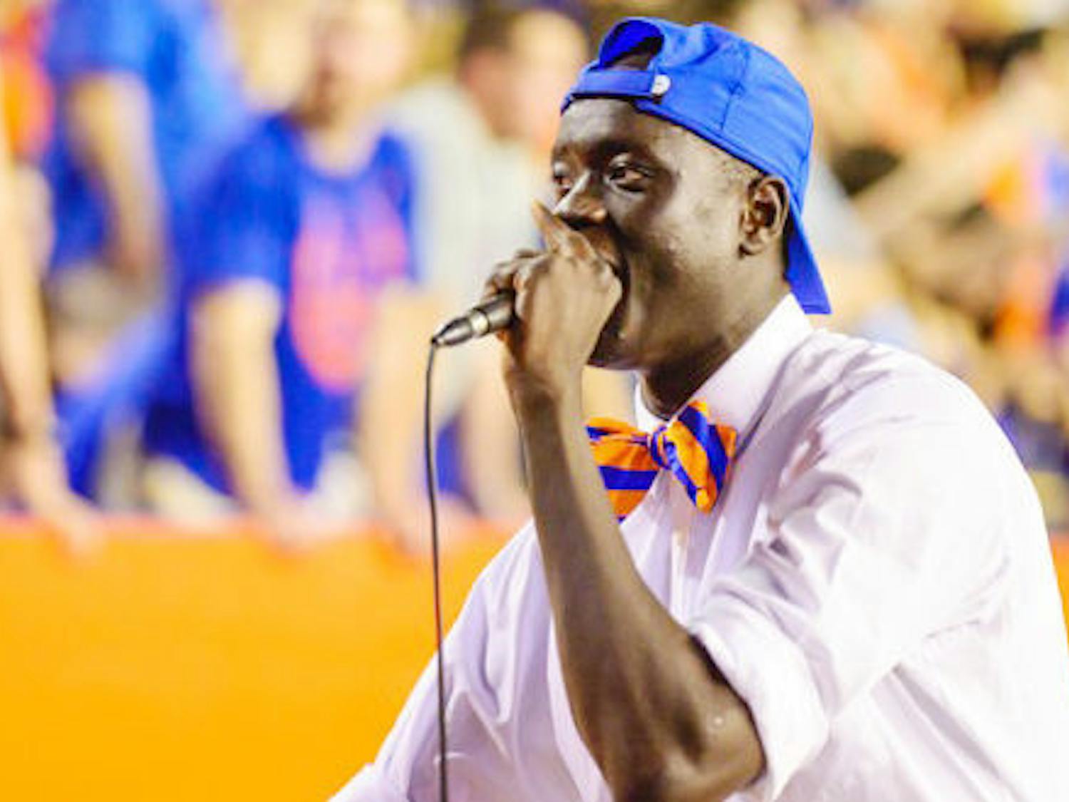 Bunduki "Duke" Ramadan hypes up the crowd during Florida's 42-13 loss to Missouri on Oct. 18, 2014, at Ben Hill Griffin Stadium.