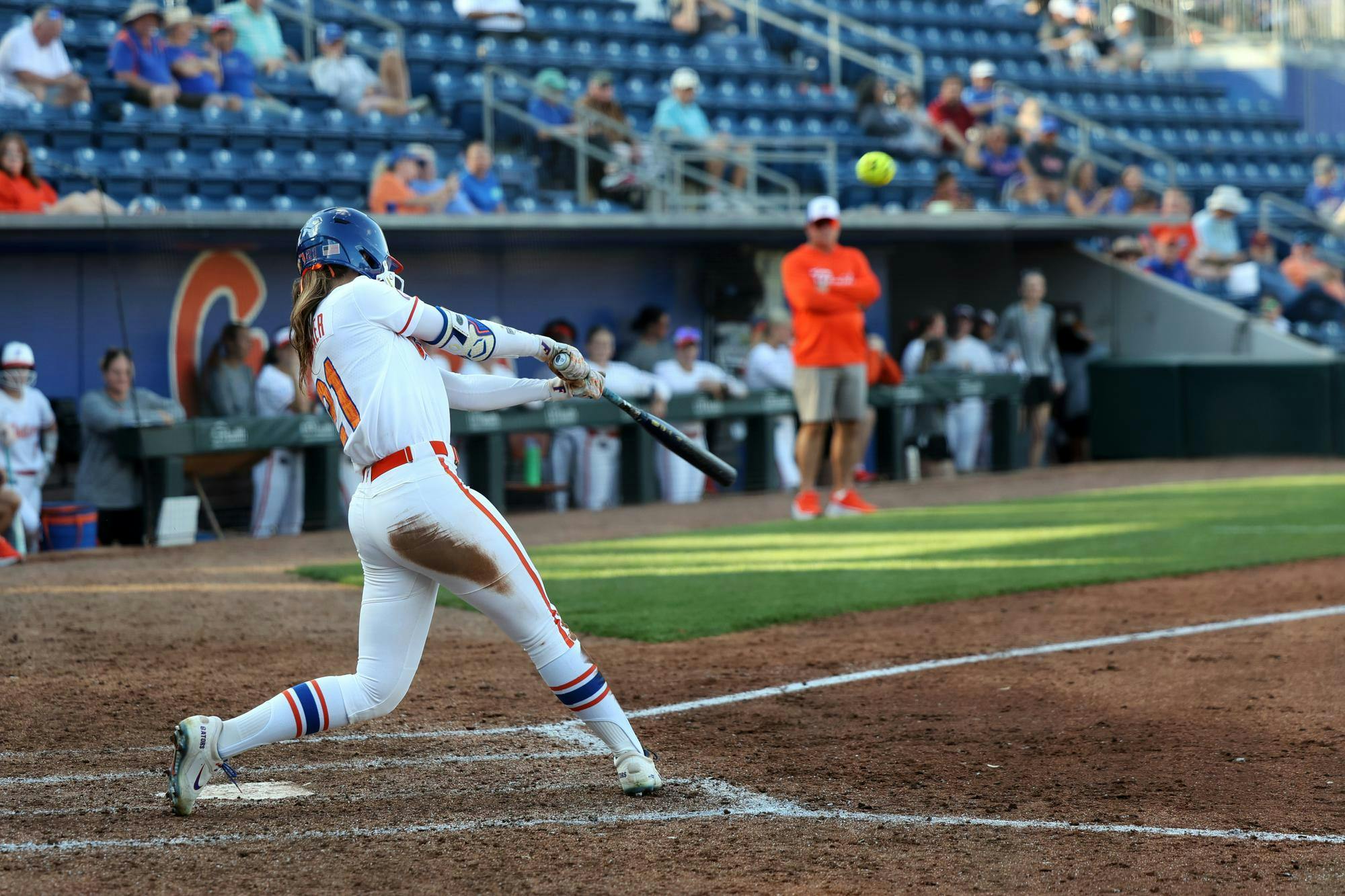 Florida outfielder Taylor Shumaker (21) hits her second home run of the game against Longwood at Katie Seashole Pressly Stadium in Gainesville, Fla., on Friday, Feb. 20, 2025.