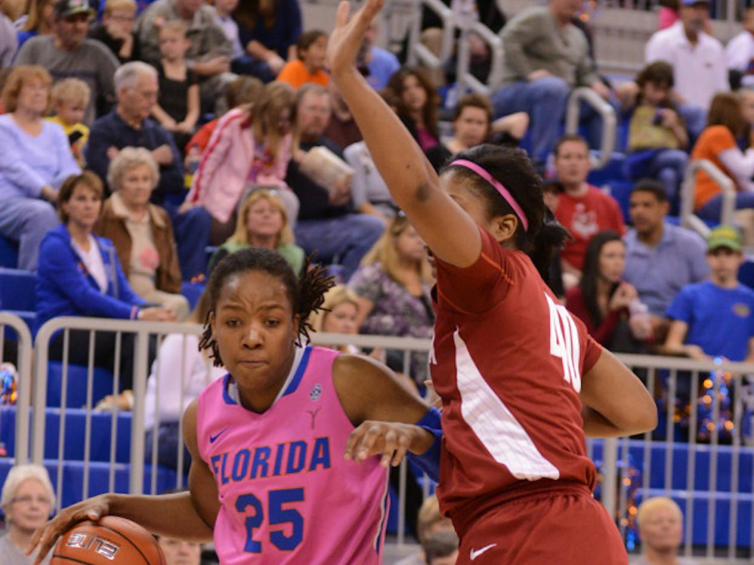 Christin Mercer (25) drives the lane in UF’s 87-54 win against Alabama on Feb. 3. Coach Amanda Butler has identified Mercer as an important post player for the Gators.