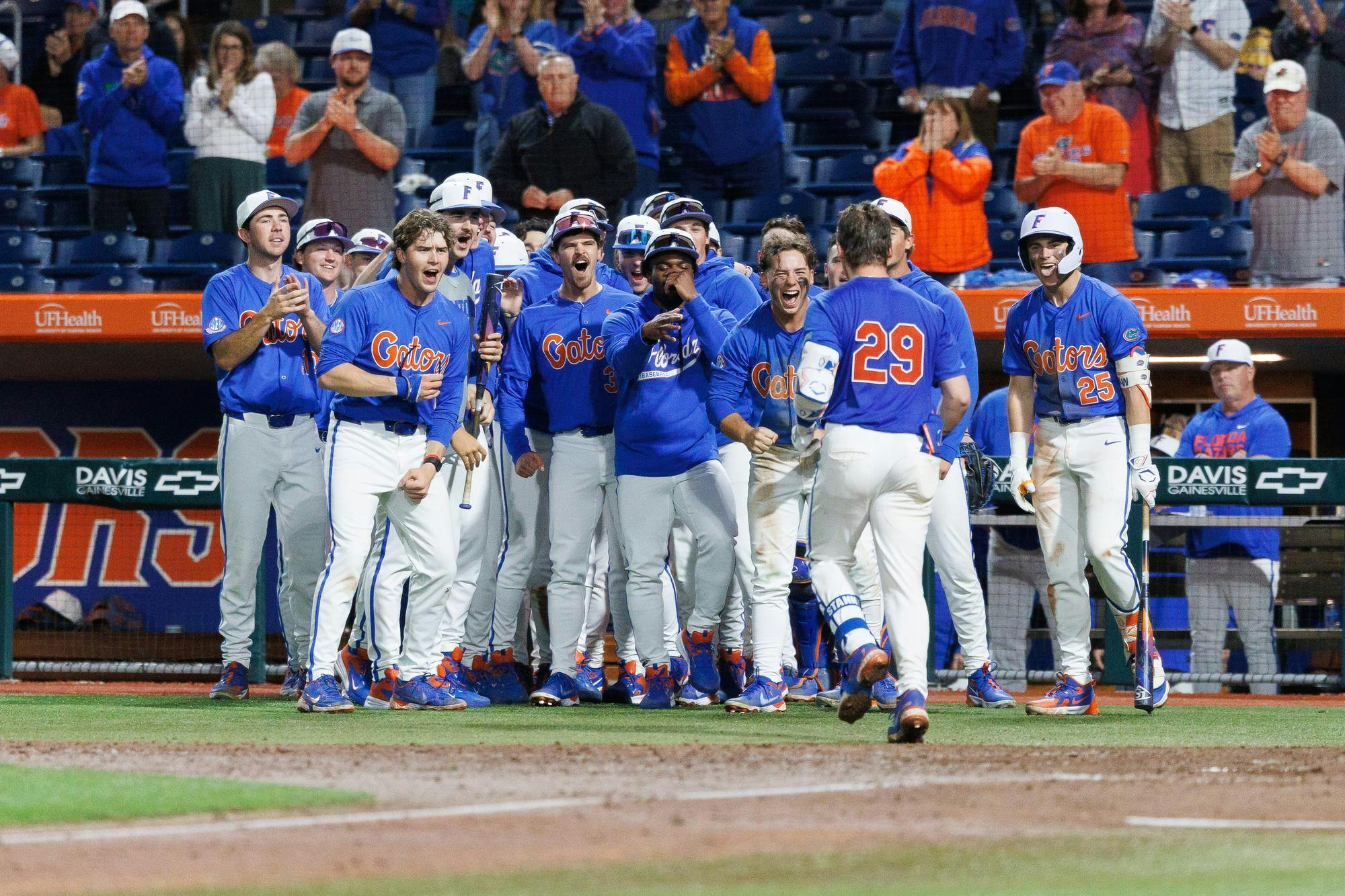 The Florida baseball team celebrates catcher Cole Stanford's (29) homerun during an NCAA college baseball game against Stetson, Wednesday, Feb. 18, 2026, in Gainesville, Fla.