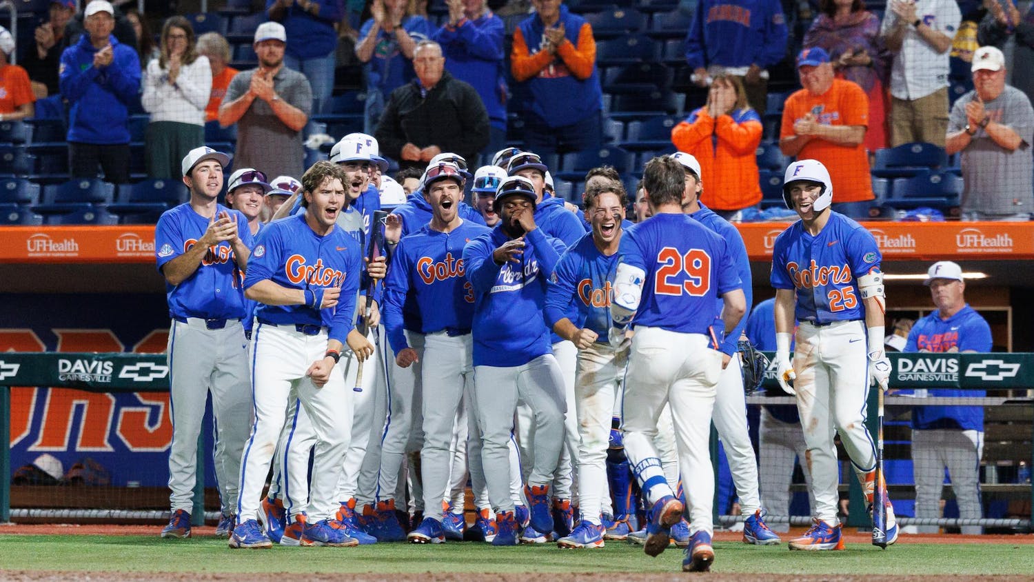 The Florida baseball team celebrates catcher Cole Stanford's (29) homerun during an NCAA college baseball game against Stetson, Wednesday, Feb. 18, 2026, in Gainesville, Fla.